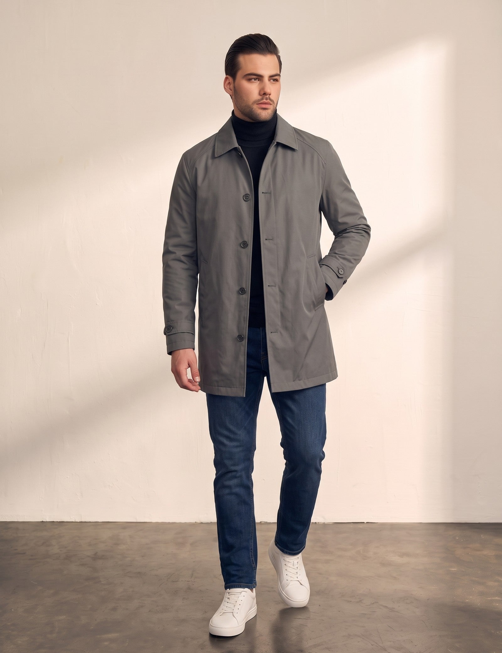Men's Grey Single-Breasted Coat with Pockets, front view, full length.