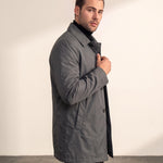 Men's Grey Single-Breasted Coat with Pockets, side view, full length.