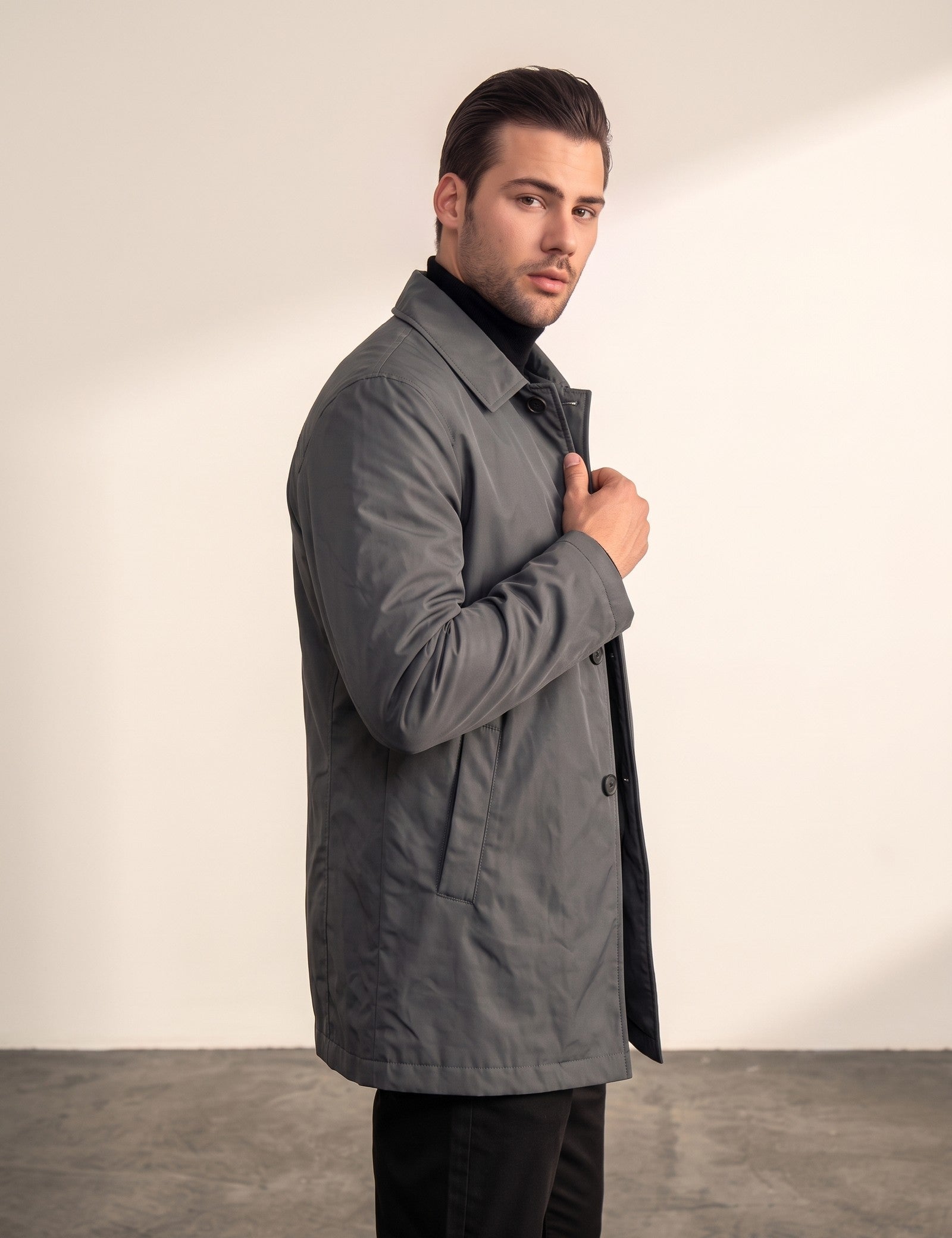 Men's Grey Single-Breasted Coat with Pockets, side view, full length.