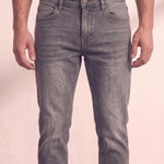 Men's Grey Slim Fit Stretch Denim Jeans, close-up of the waistband and front pocket.