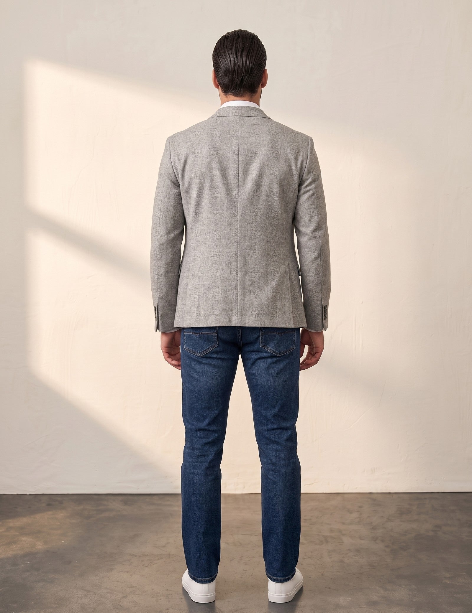 Men's Grey Slim Fit Tailored Blazer, back view, full length.
