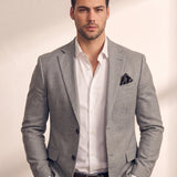 Men's Grey Slim Fit Tailored Blazer, close-up of the upper body.