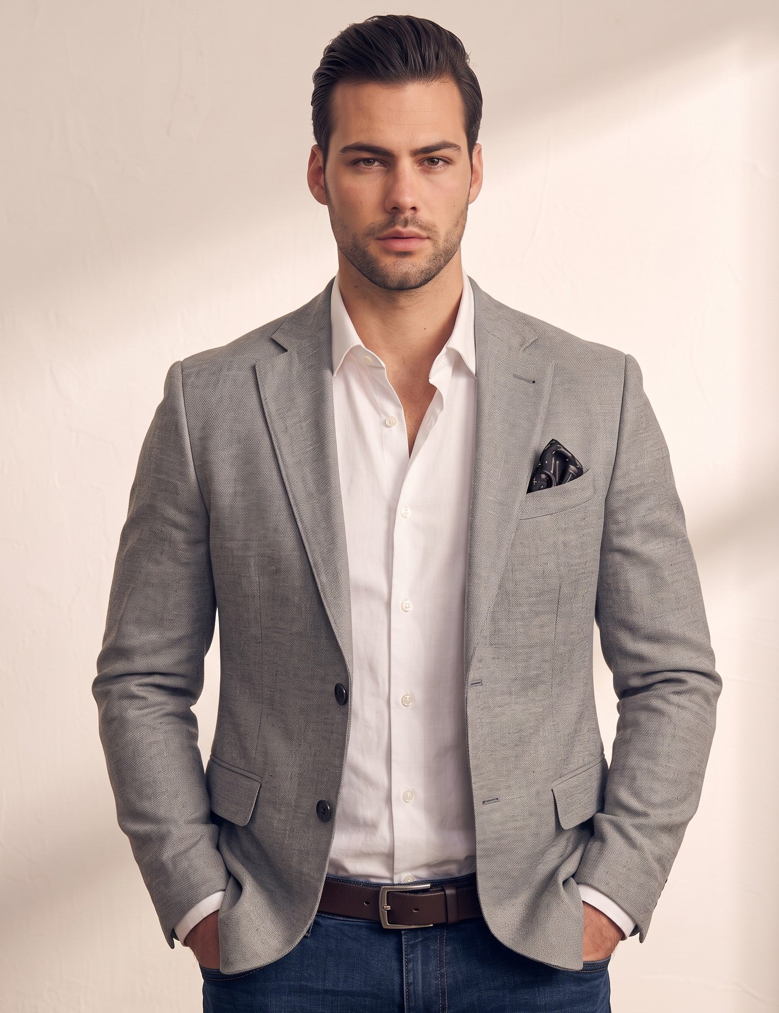 Men's Grey Slim Fit Tailored Blazer, close-up of the upper body.