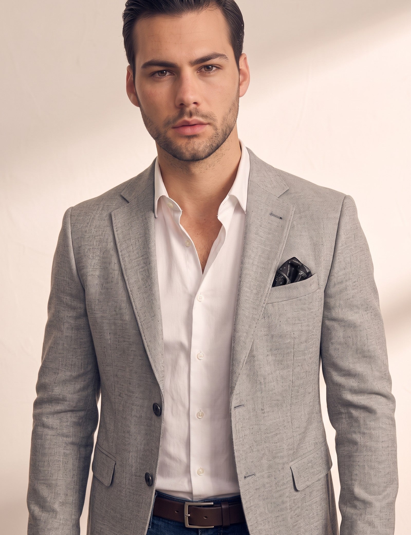 Men's Grey Slim Fit Tailored Blazer, close-up of the upper body.