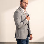 Men's Grey Slim Fit Tailored Blazer, side view, full length.