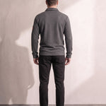 Men's Grey Textured Long Sleeve Polo with Zip Pocket, back view, full length.