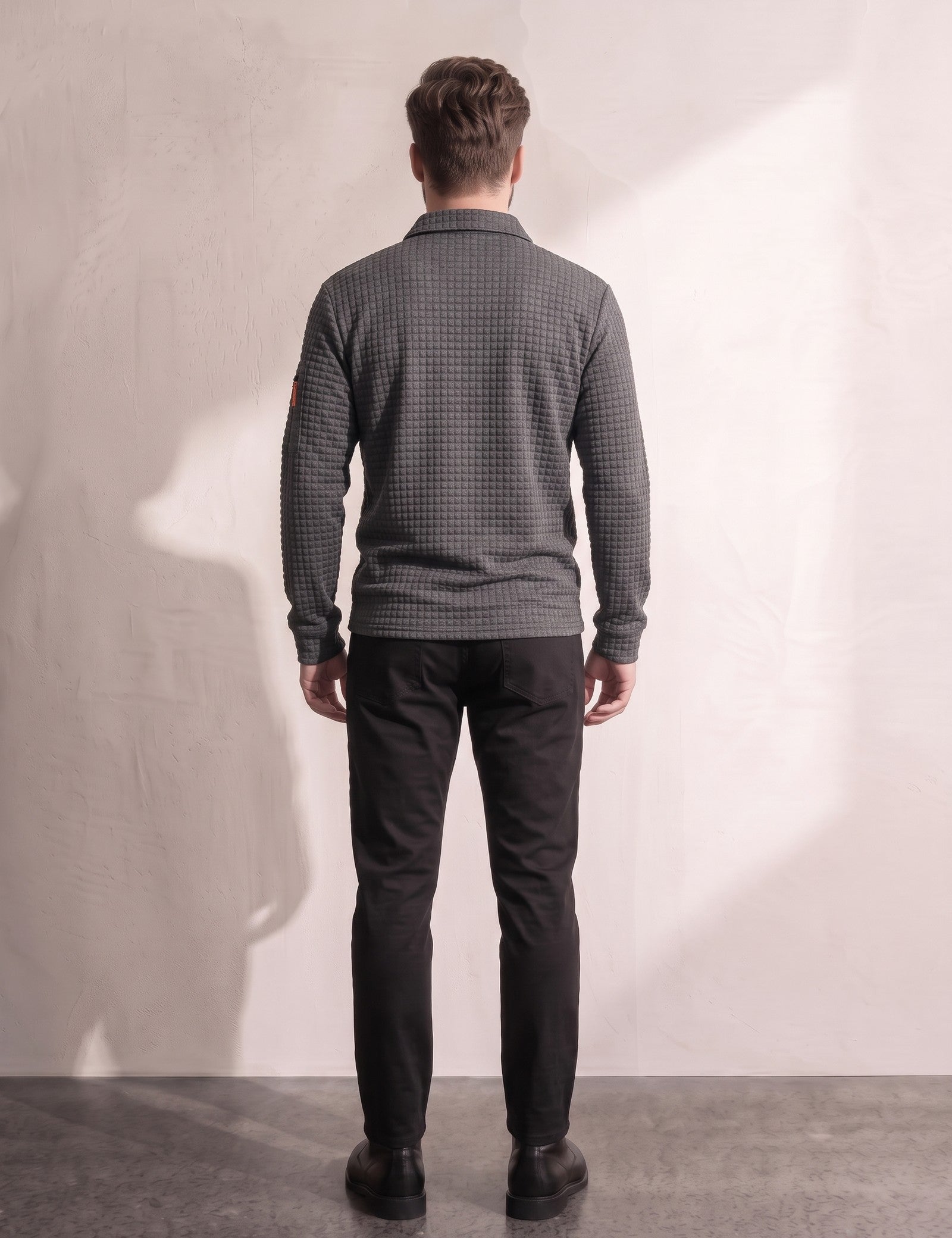 Men's Grey Textured Long Sleeve Polo with Zip Pocket, back view, full length.