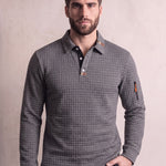 Men's Grey Textured Long Sleeve Polo with Zip Pocket, close-up of the upper body.