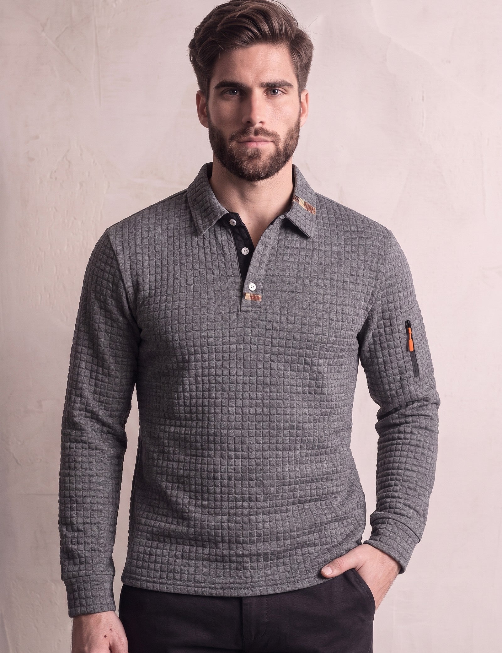 Men's Grey Textured Long Sleeve Polo with Zip Pocket, close-up of the upper body.