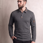 Men's Grey Textured Long Sleeve Polo with Zip Pocket, front view, full length.