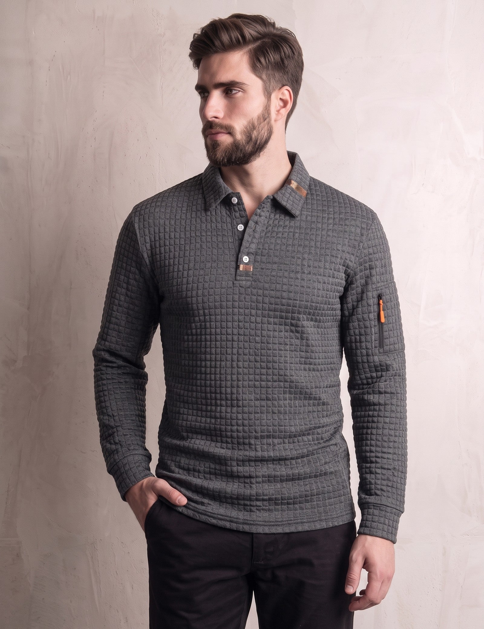 Men's Grey Textured Long Sleeve Polo with Zip Pocket, front view, full length.