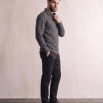 Men's Grey Textured Long Sleeve Polo with Zip Pocket, side view, full length.