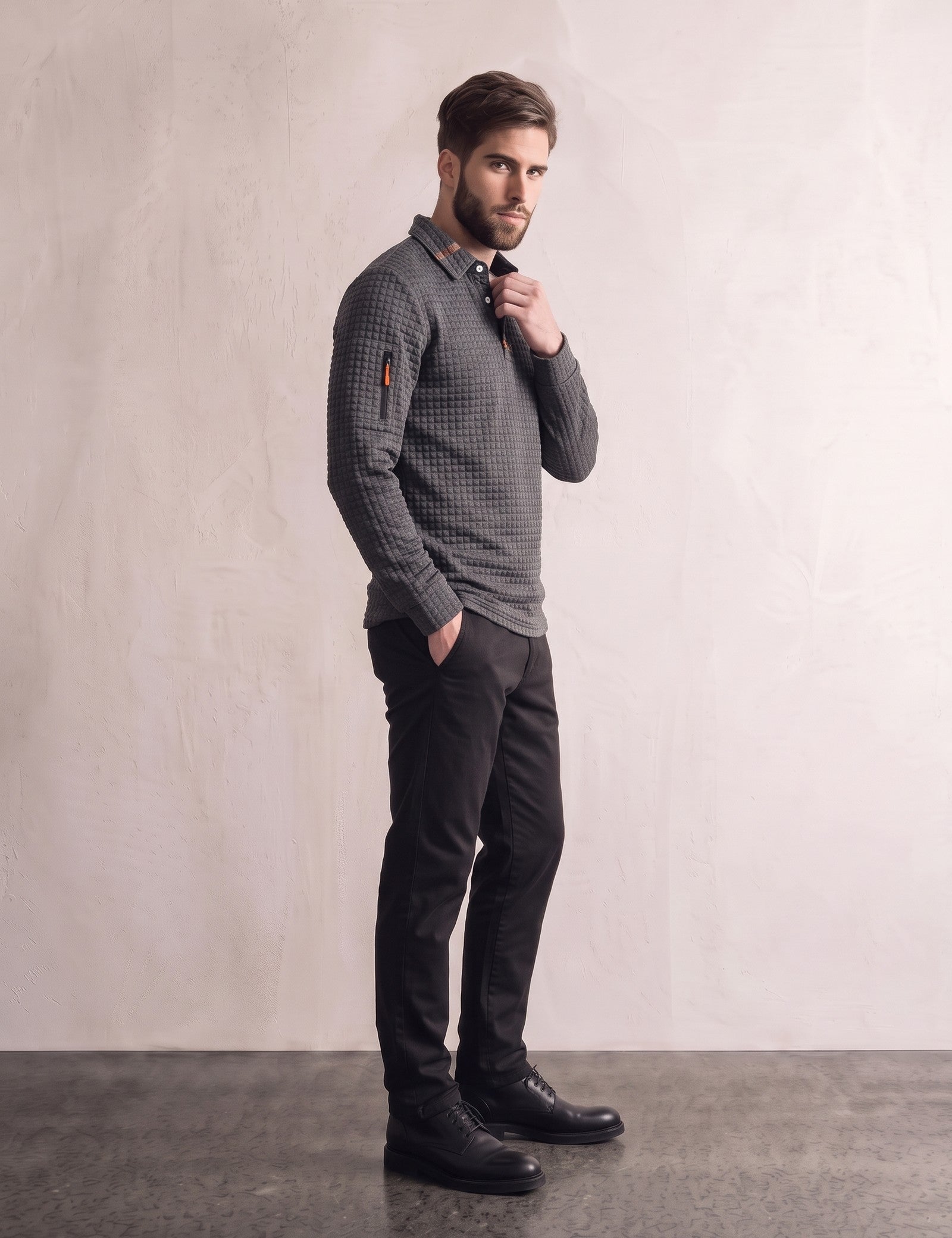 Men's Grey Textured Long Sleeve Polo with Zip Pocket, side view, full length.