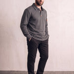 Men's Grey Textured Long Sleeve Polo with Zip Pocket, three-quarter view from the left, full length.