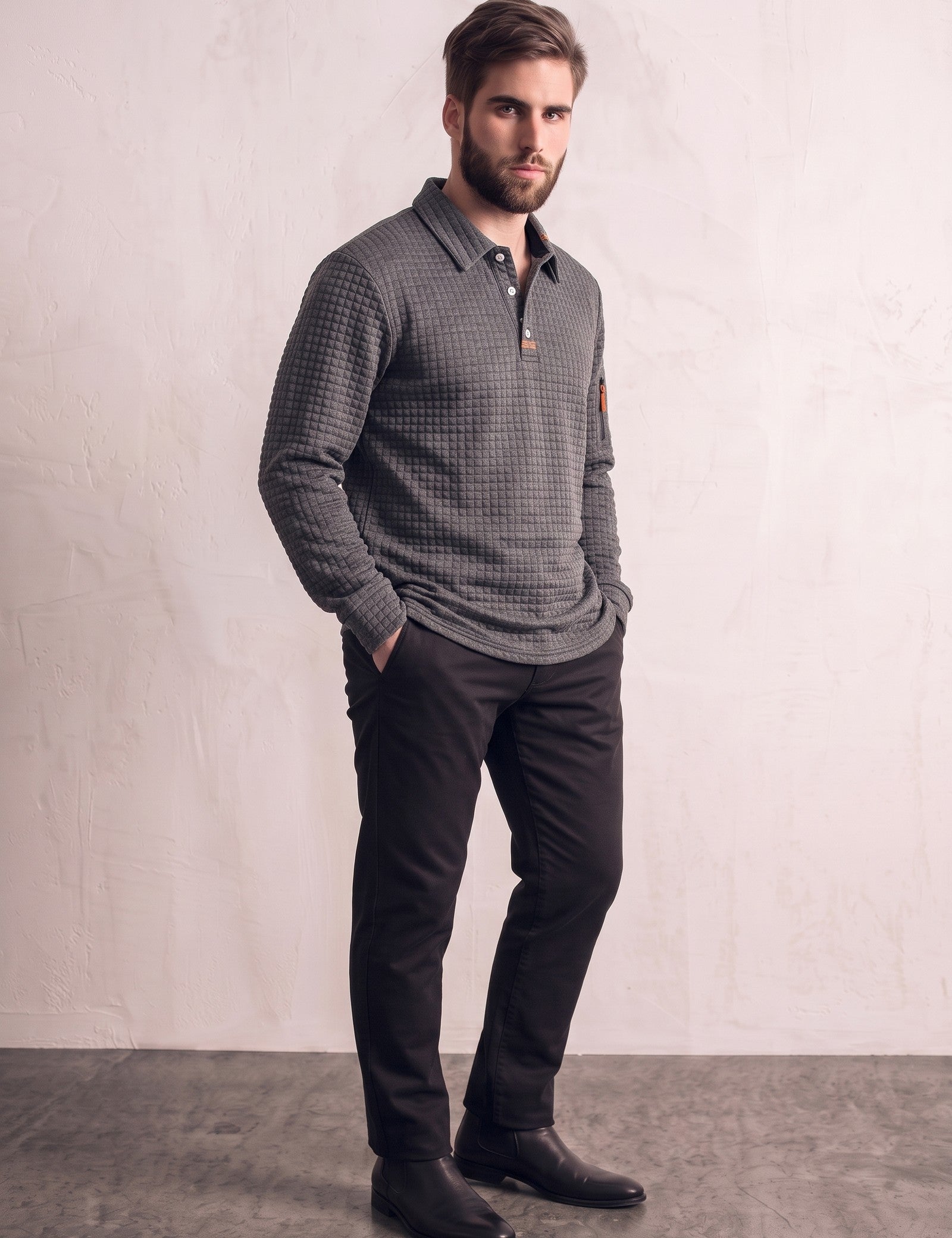 Men's Grey Textured Long Sleeve Polo with Zip Pocket, three-quarter view from the left, full length.