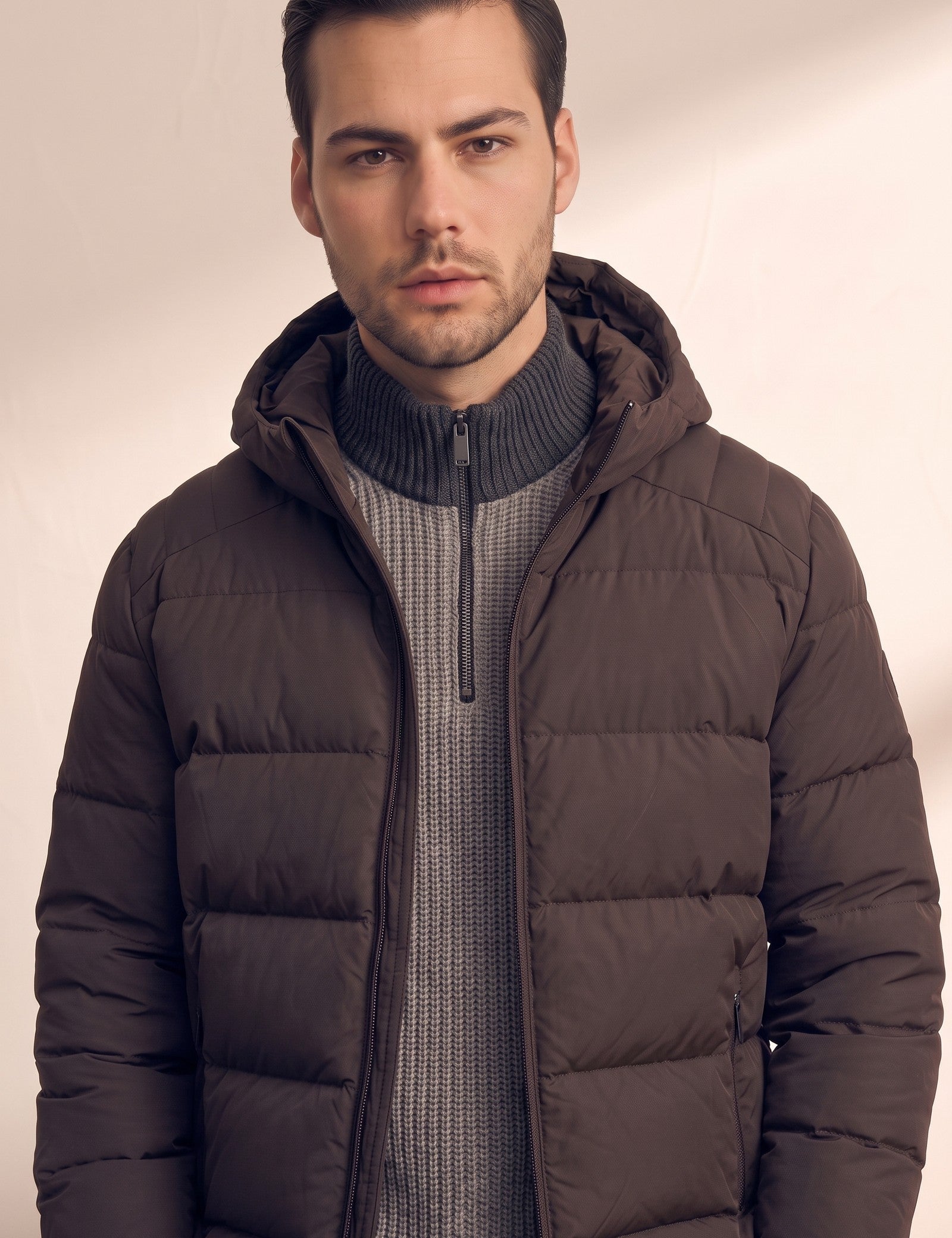 Men's Heavyweight Down Puffer Jacket, close-up of the upper body