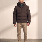 Men's Heavyweight Down Puffer Jacket in Brown, front view, full length