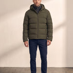 Men's Heavyweight Down Puffer Jacket in Olive Green, front view, full length