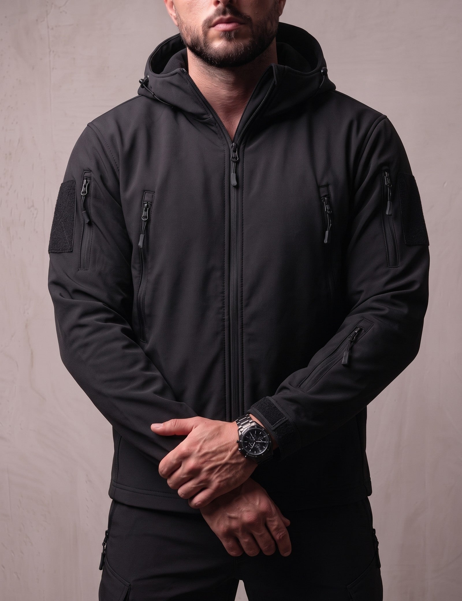 Men's Hooded Softshell Jacket & Trousers Set, close-up of the upper body