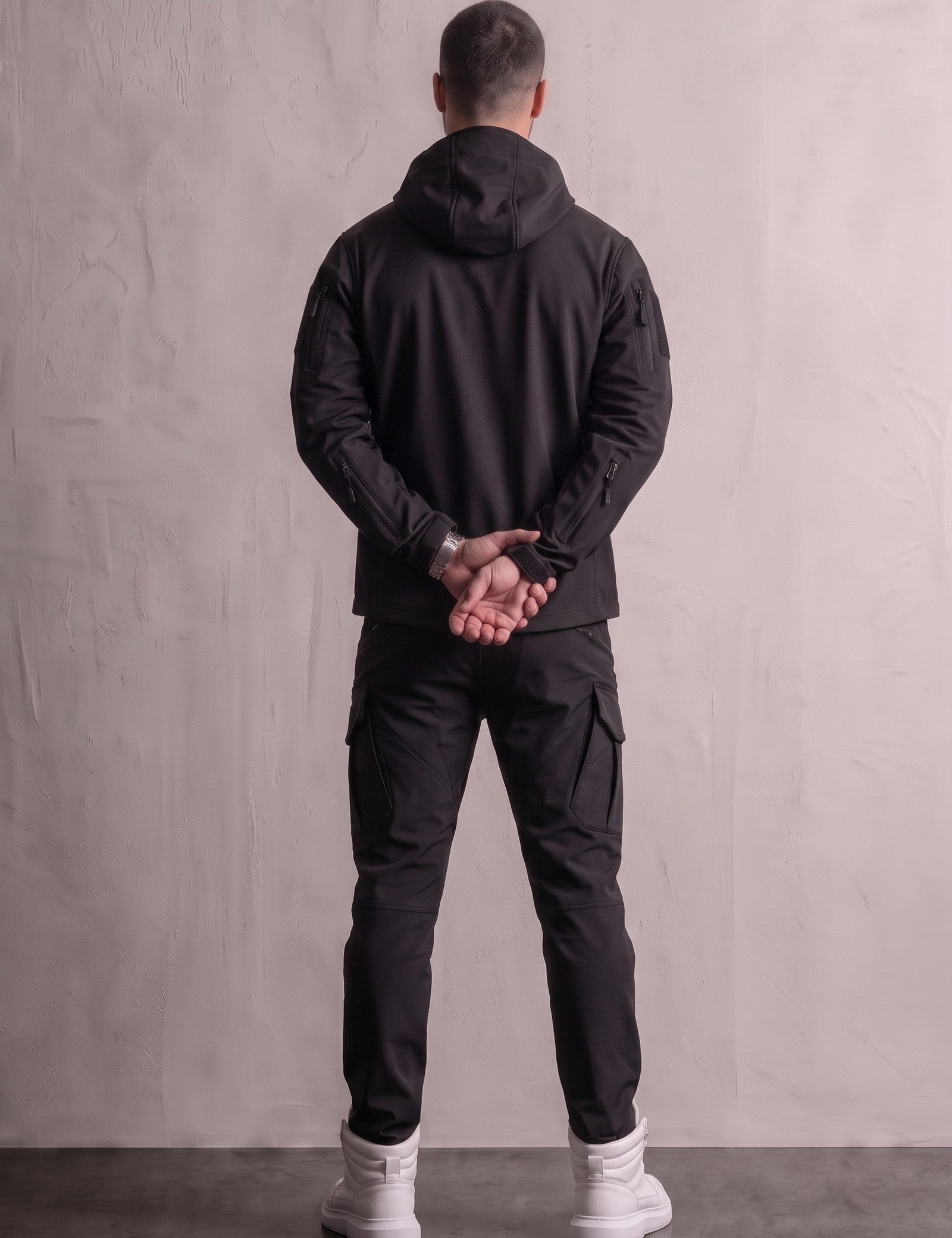 Men's Hooded Softshell Jacket & Trousers Set, back view, full length