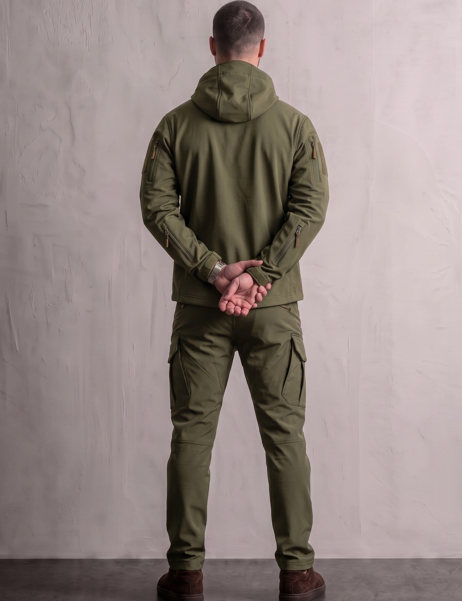 Men's Hooded Softshell Jacket & Trousers Set, back view, full length