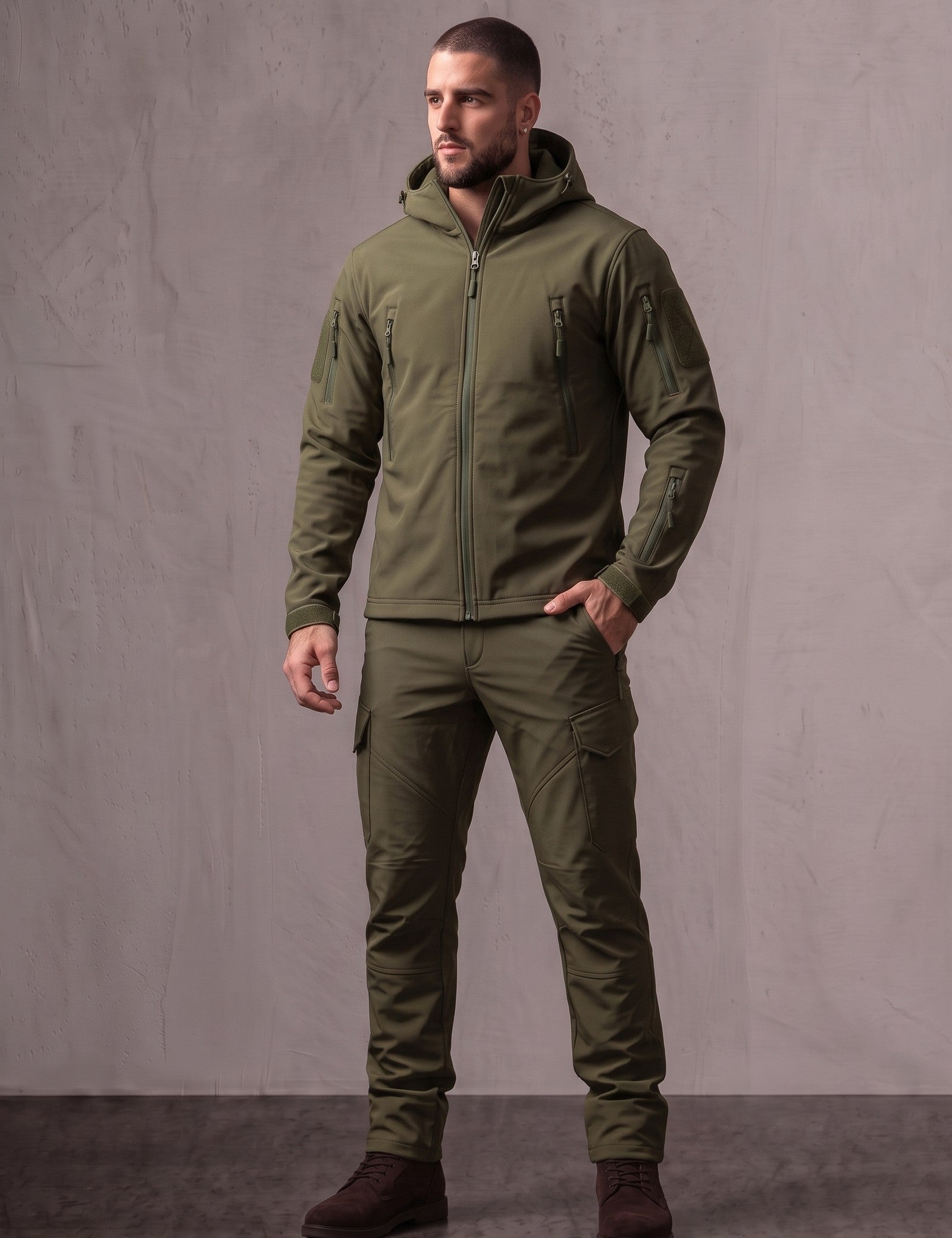 Men's Hooded Softshell Jacket & Trousers Set, three-quarter view from the right, full length