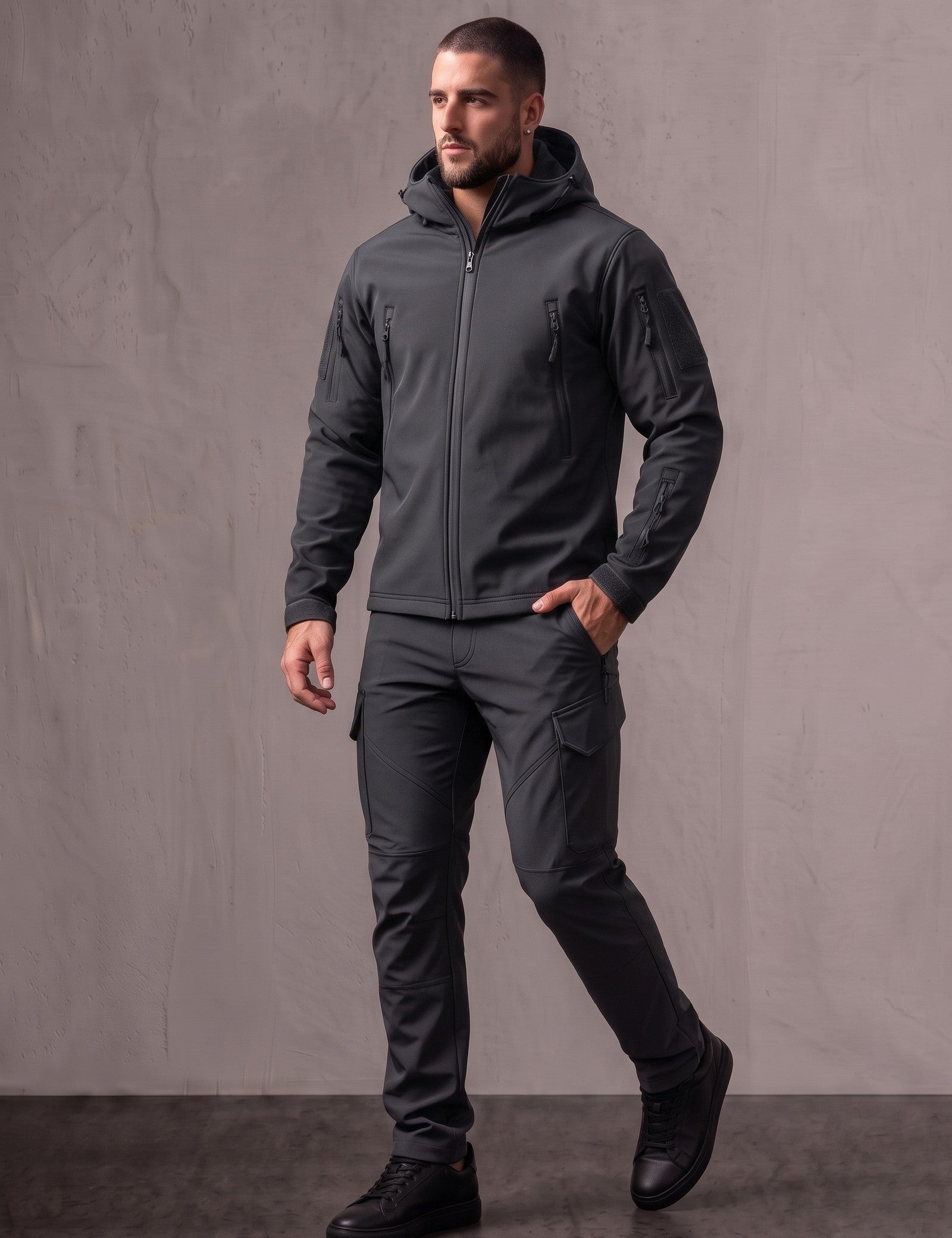 Men's Hooded Softshell Jacket & Trousers Set, three-quarter view from the right, full length