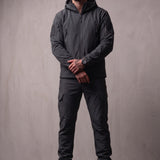 Men's Hooded Softshell Jacket & Trousers Set in Dark Grey, front view, full length