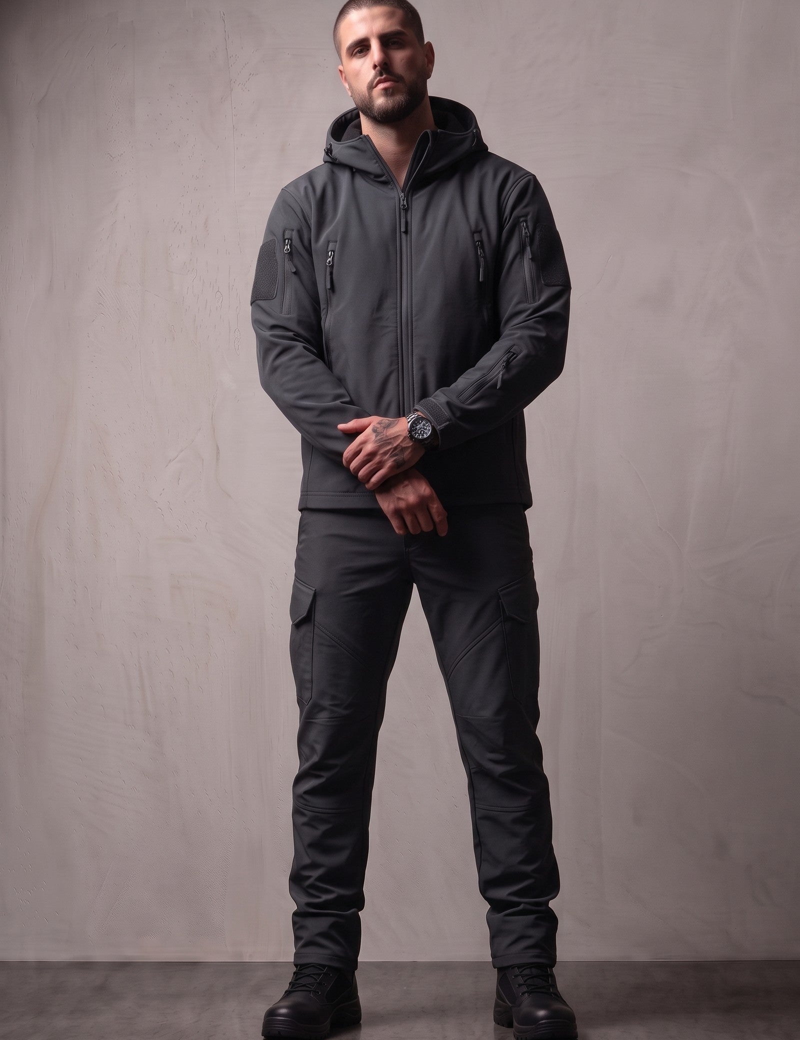 Men's Hooded Softshell Jacket & Trousers Set in Dark Grey, front view, full length