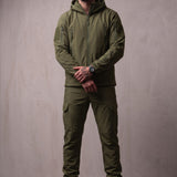 Men's Hooded Softshell Jacket & Trousers Set in Olive Green, front view, full length