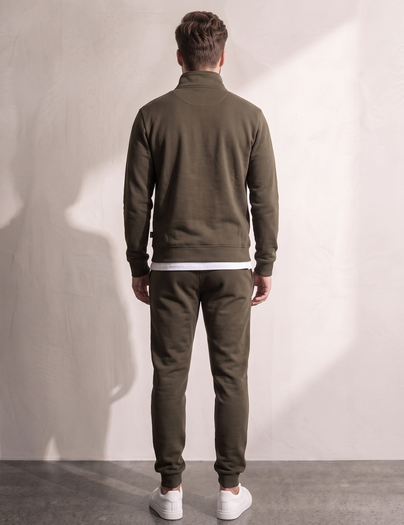 Men's Khaki Green Quarter-Zip Tracksuit with Cuffed Joggers, back view, full length.