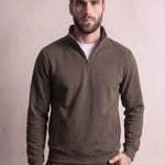 Men's Khaki Green Quarter-Zip Tracksuit with Cuffed Joggers, close-up of the upper body.
