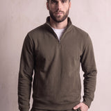 Men's Khaki Green Quarter-Zip Tracksuit with Cuffed Joggers, close-up of the upper body.