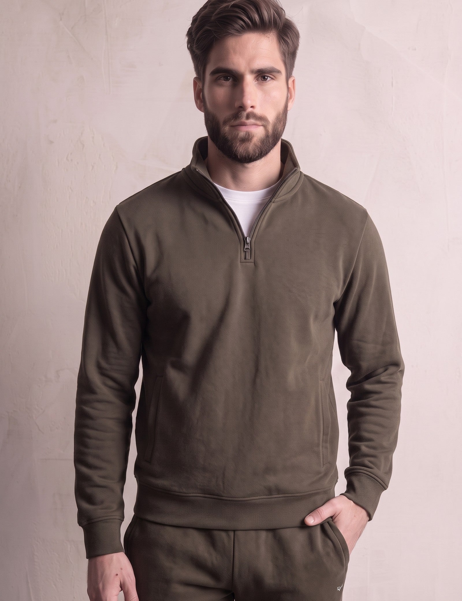 Men's Khaki Green Quarter-Zip Tracksuit with Cuffed Joggers, close-up of the upper body.