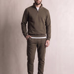 Men's Khaki Green Quarter-Zip Tracksuit with Cuffed Joggers, front view, full length.