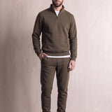 Men's Khaki Green Quarter-Zip Tracksuit with Cuffed Joggers, front view, full length.