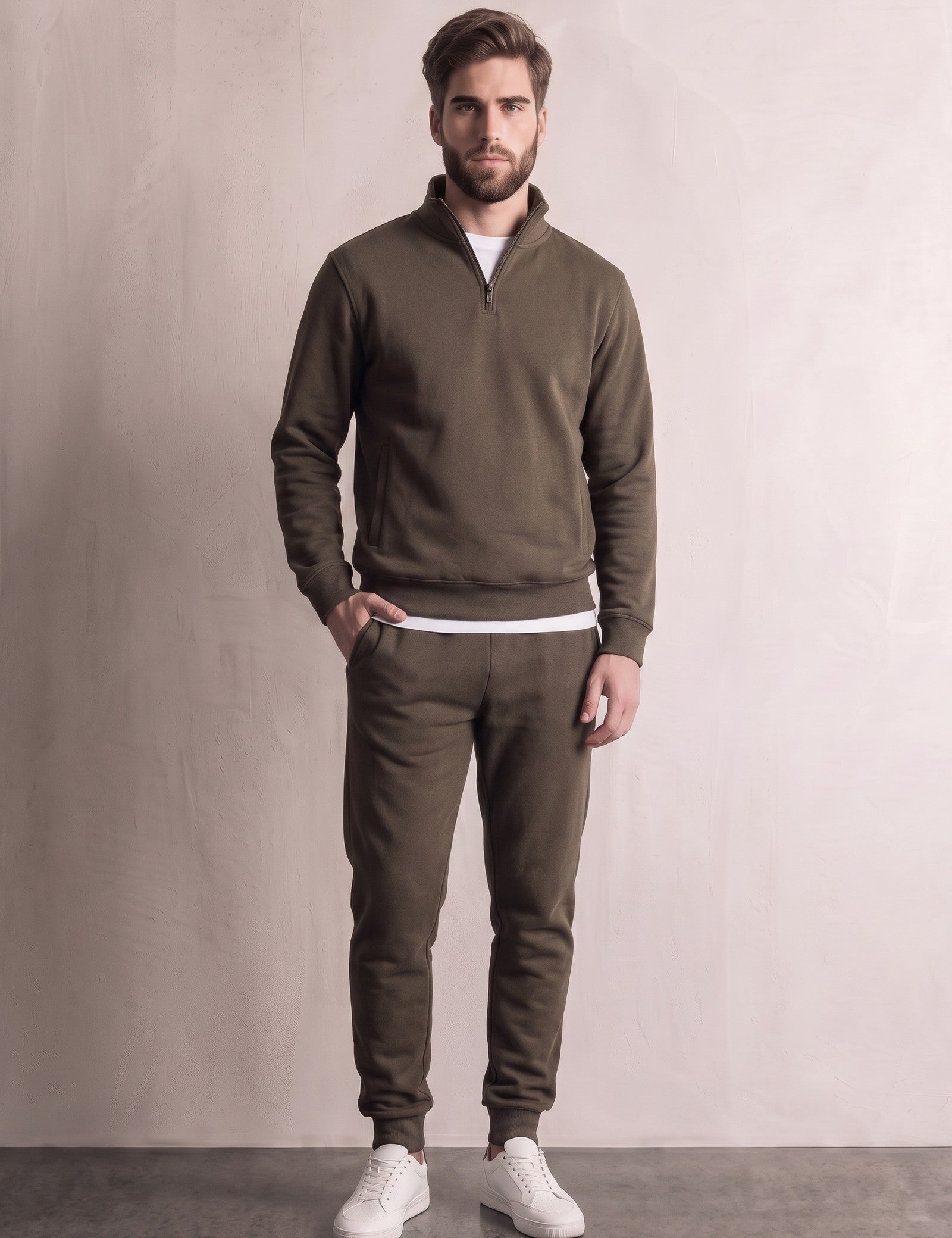 Men's Khaki Green Quarter-Zip Tracksuit with Cuffed Joggers, front view, full length.