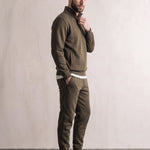 Men's Khaki Green Quarter-Zip Tracksuit with Cuffed Joggers, side view, full length.