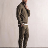 Men's Khaki Green Quarter-Zip Tracksuit with Cuffed Joggers, side view, full length.