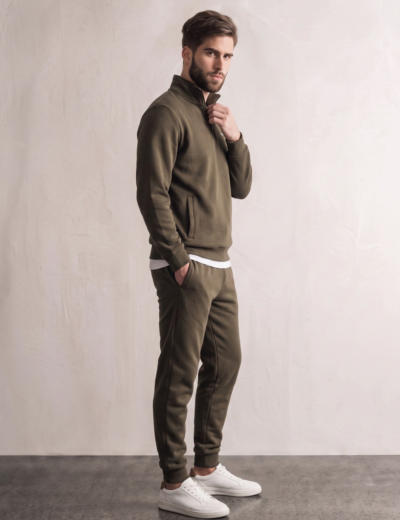 Men's Khaki Green Quarter-Zip Tracksuit with Cuffed Joggers, side view, full length.