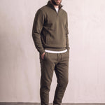 Men's Khaki Green Quarter-Zip Tracksuit with Cuffed Joggers, three-quarter view from the left, full length.