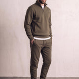 Men's Khaki Green Quarter-Zip Tracksuit with Cuffed Joggers, three-quarter view from the left, full length.