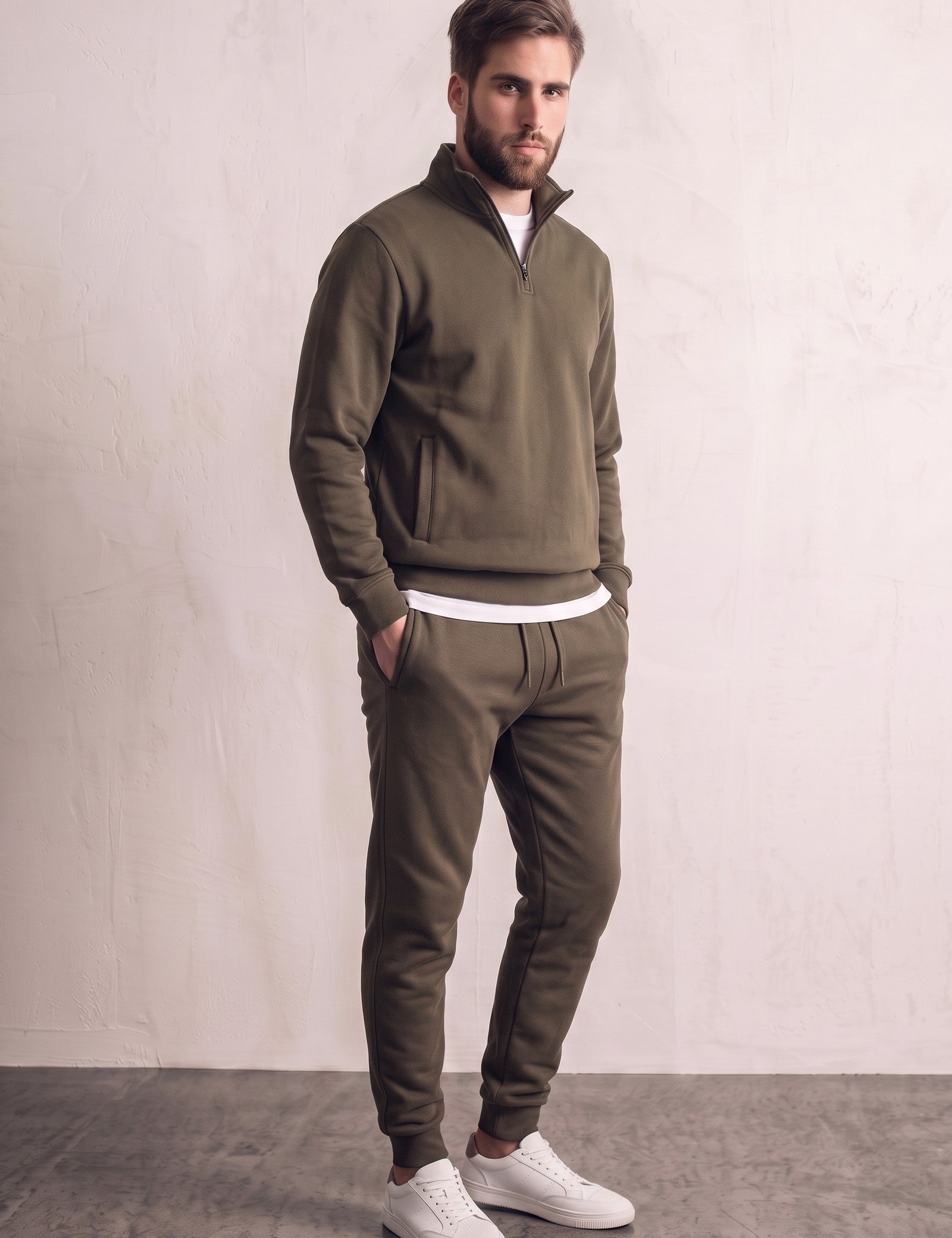 Men's Khaki Green Quarter-Zip Tracksuit with Cuffed Joggers, three-quarter view from the left, full length.