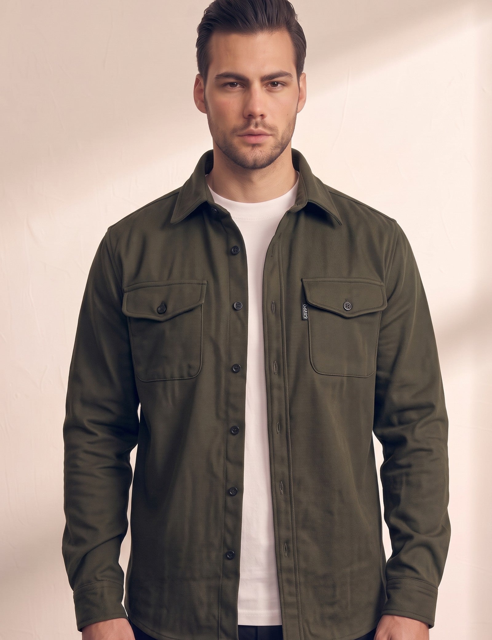 Men's Khaki Stretch Button Overshirt, close-up of the upper body