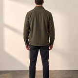 Men's Khaki Stretch Button Overshirt, back view, full length
