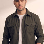 Men's Khaki Stretch Button Overshirt, close-up of the upper body
