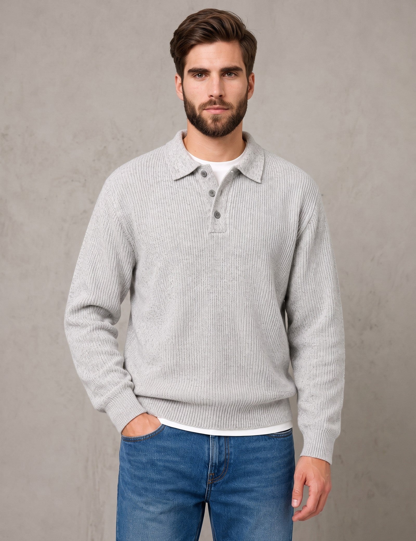 Men's Knitted Button Polo Jumper, front view, full length