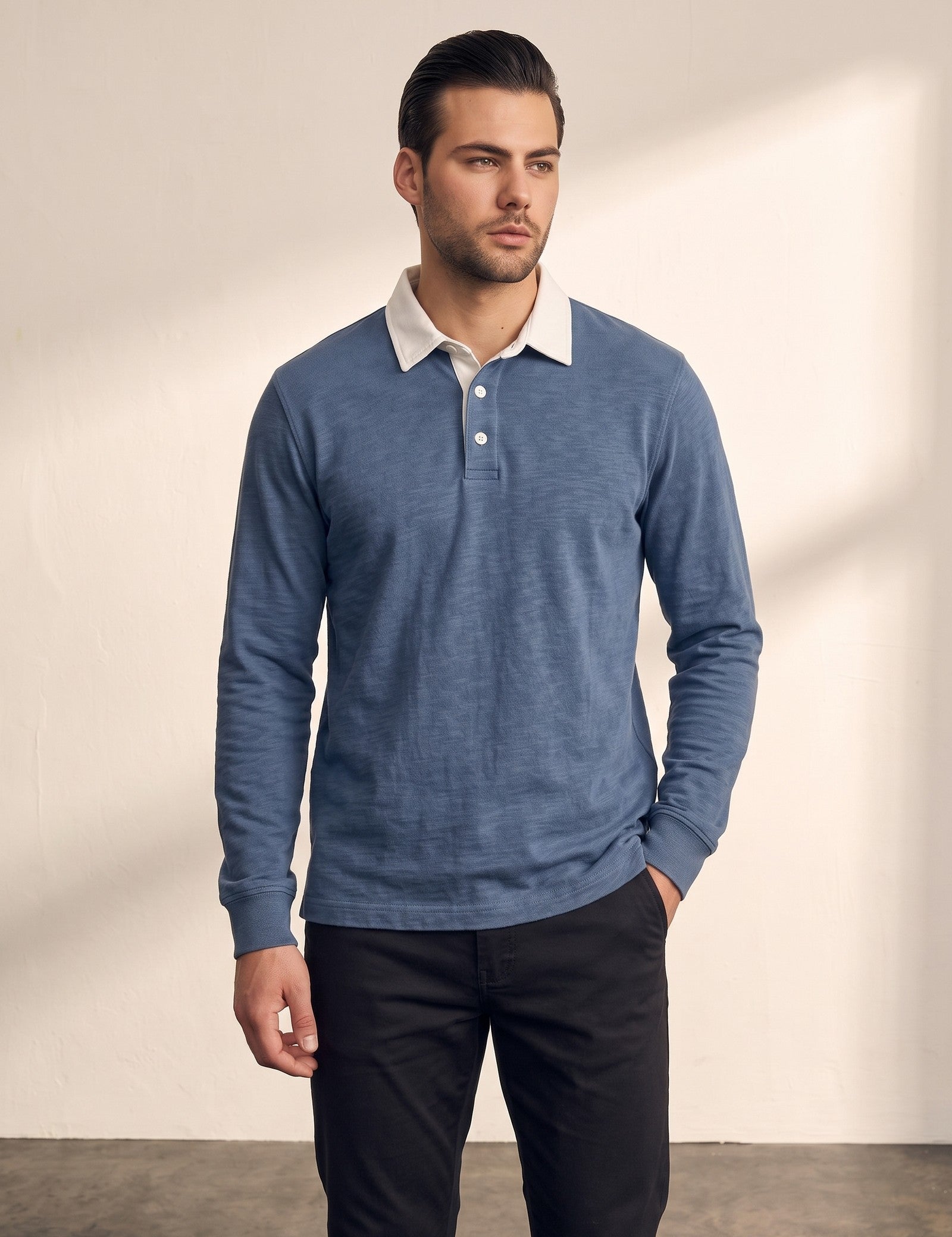 Men's Knitted Jersey Polo Shirt, front view, full length