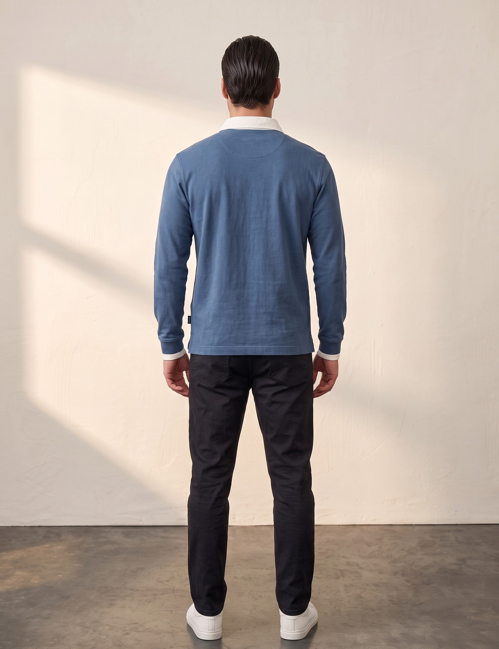 Men's Knitted Jersey Polo Shirt, back view, full length