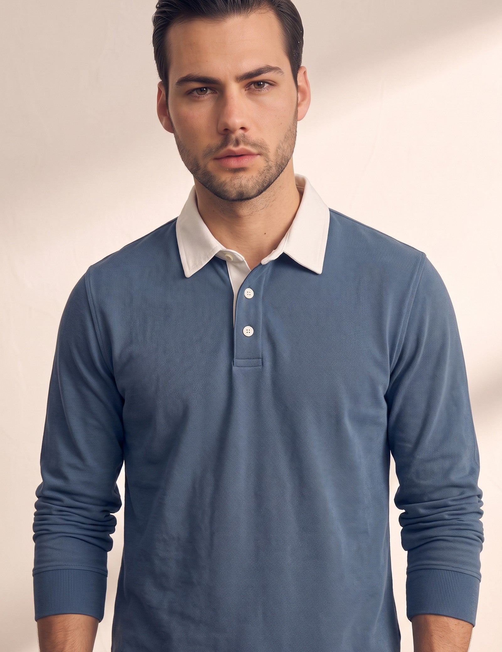 Men's Knitted Jersey Polo Shirt, close-up of the upper body
